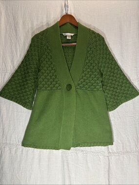 Green Knit Open-Front Cardigan with Textured Bell Sleeves